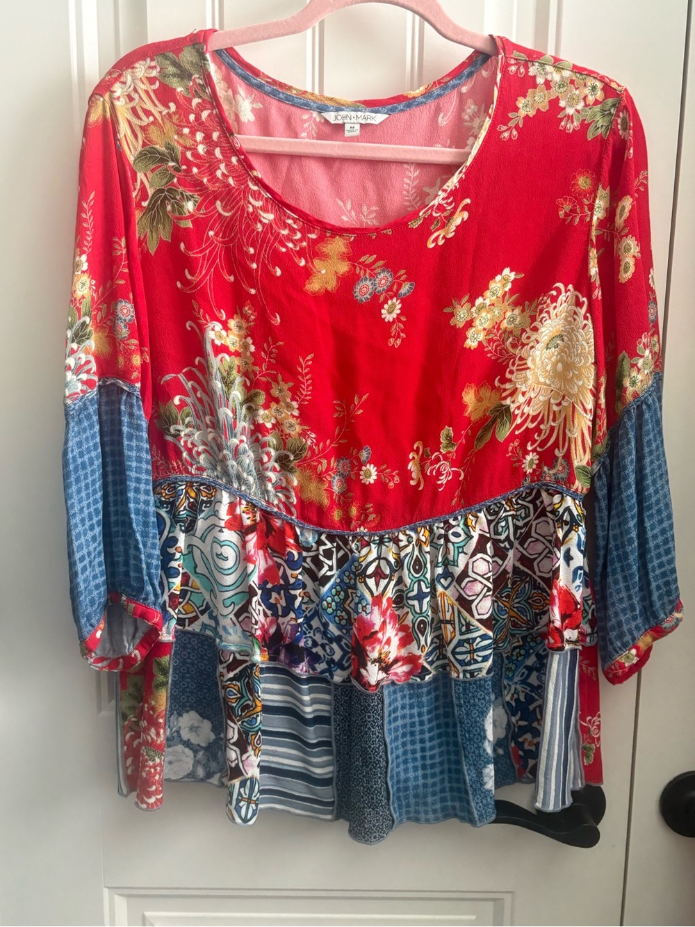 John Mark Red Floral Patchwork Tunic with Blue Accents
